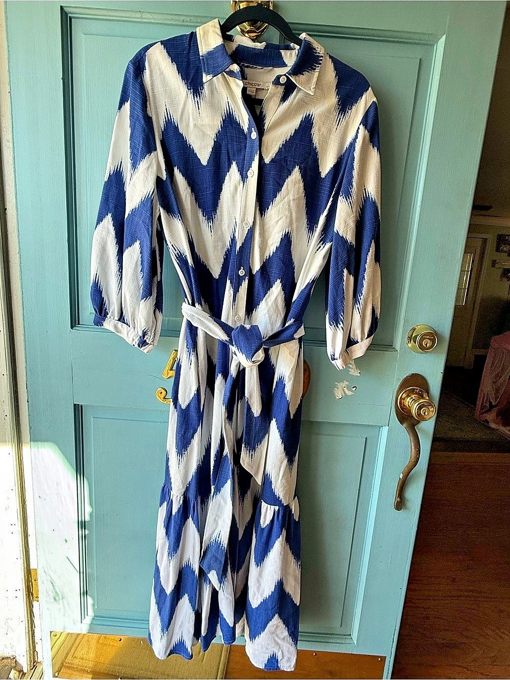 Chico's Chevron Striped Shirtdress Abstract Print Midi Dress Blue & White Size 8